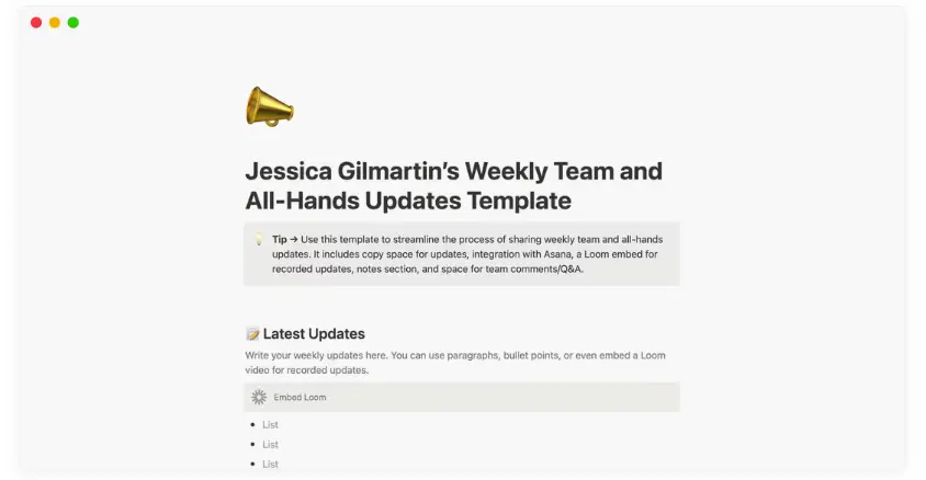 A template by Jessica Gillmarting for sharing weekly team and all-hands updates with async stakeholders