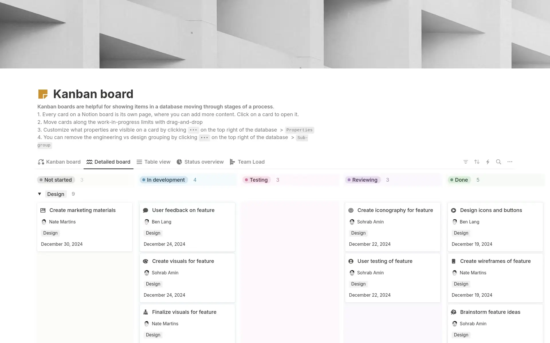 One of Notion’s Kanban board templates, with movable task blocks across project stages