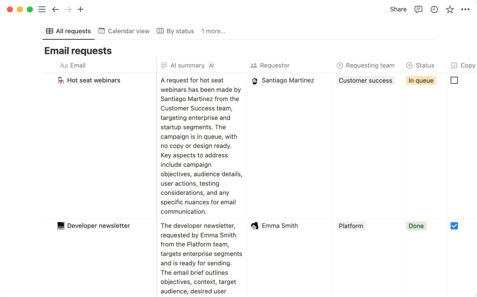An AI summary column in a Notion workflow that shows how AI condenses updates so teams can spot key details and risks at a glance