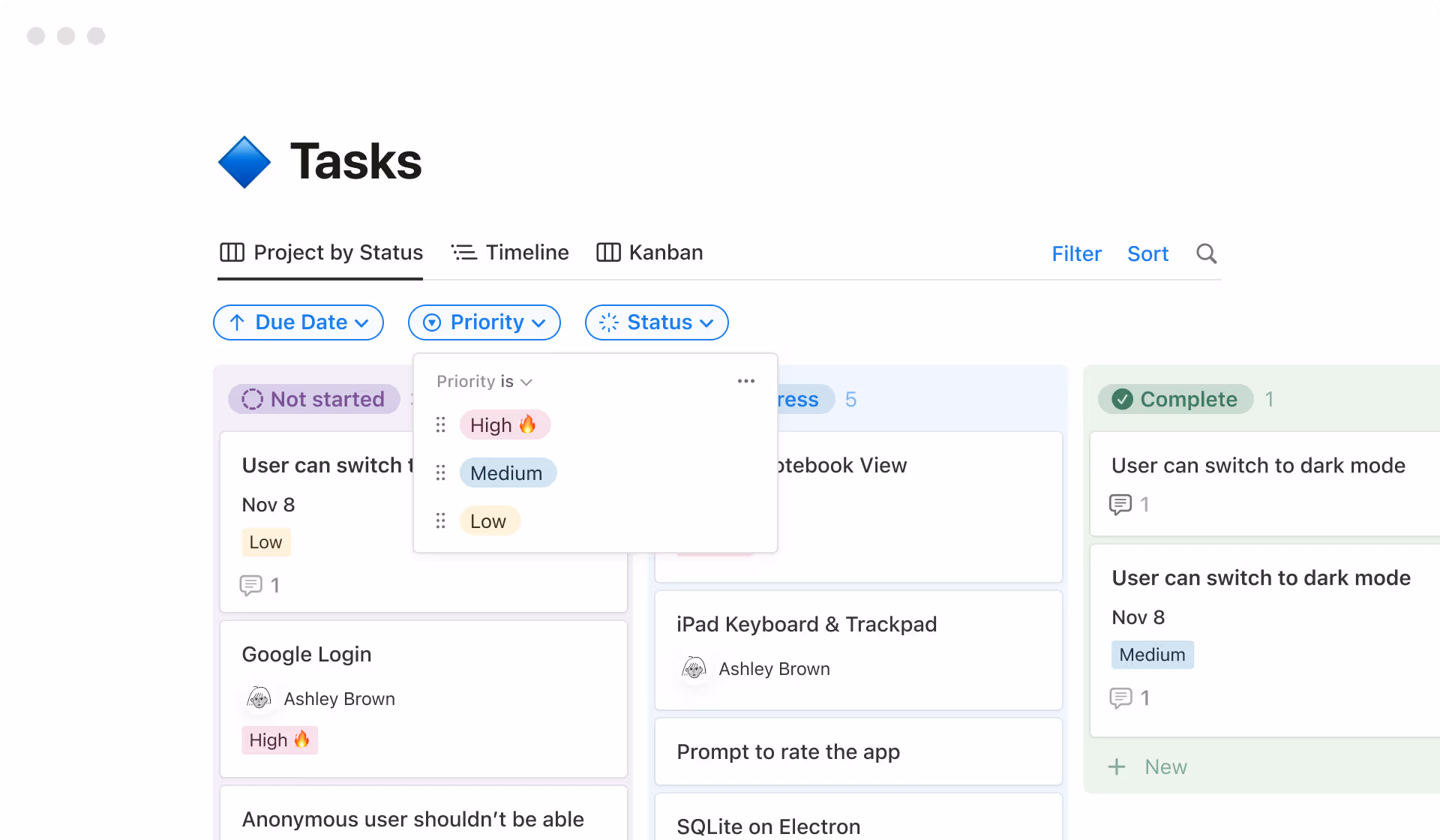 Filtered kanban view