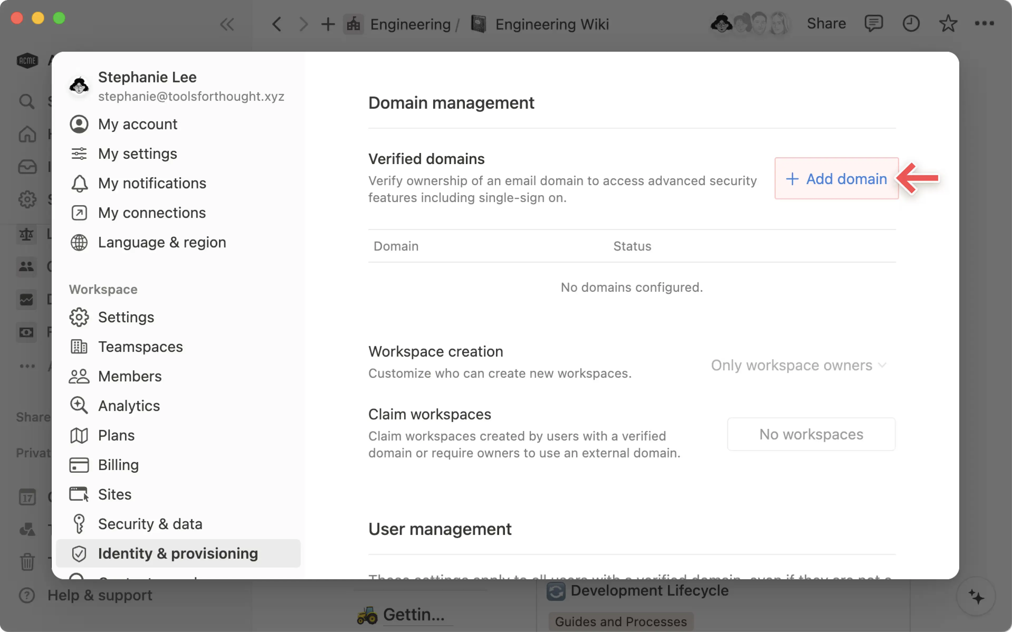 Select Add domain from the Identity settings sidebar to verify a domain for your workspace.