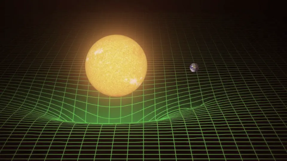 Visualization of the massive bodies warping space-time. Image from LIGO Lab